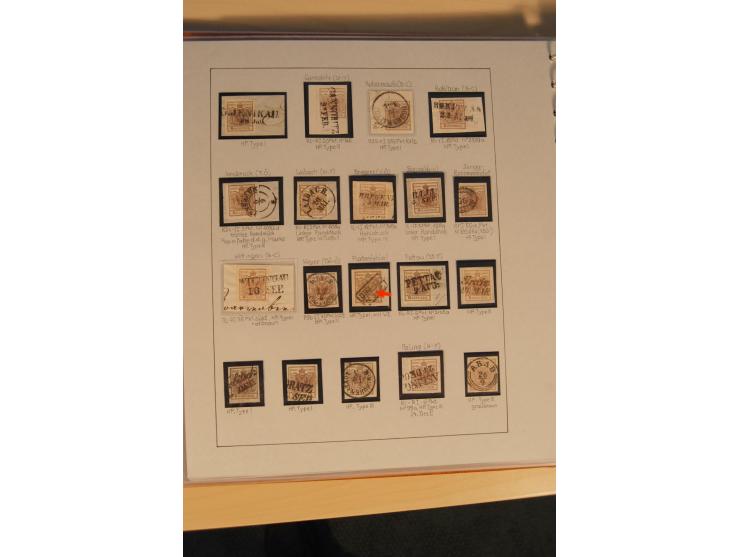 1850/90, umfangreiche Sammlung der 1. Ausgabe mit vielen Farben, Typen, interessanten Stempeln (u.a. rote Entwertung auf Mi.-