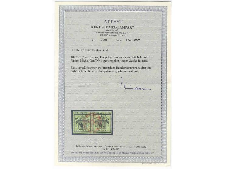 1843/55 (ca.), hochwertige gestempelte Zusammenstellung mit u.a. Zürich Mi.-Nr. 1I, Genf 1 und 3-5, Basel 1a sowie Bundespost