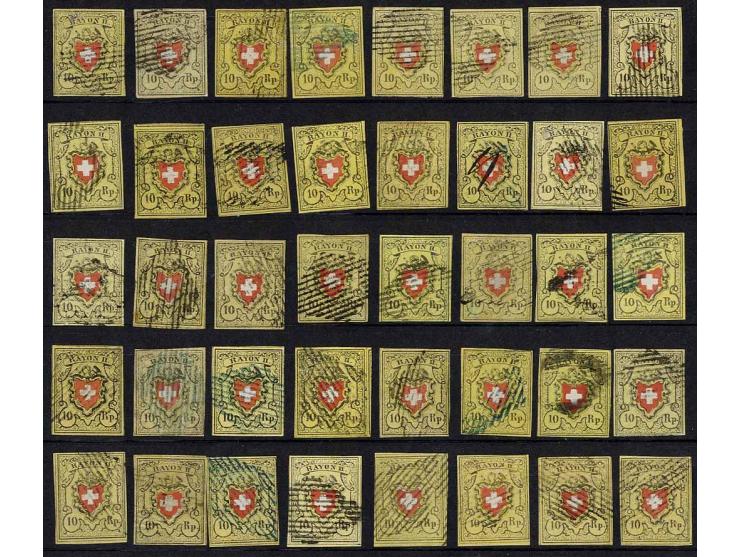 1850, 10 Rp. schwarz/rot 40 Stück als vollständige Typentafel, gestempelt in meist gutem Schnitt (Mi.-Nr. 8II; Mi 5.200,-+)