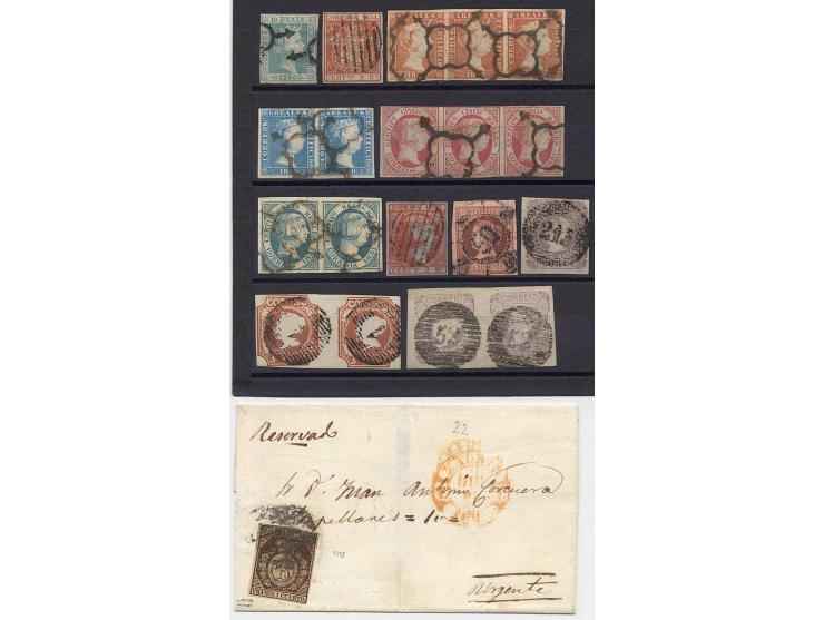 1850/60, gestempelte Zusammenstellung mit u.a. Mi.-Nr. 3 im 3er-Streifen, 4 und 10 in Paaren, 19 sowie 22 auf Brief (Comex 20