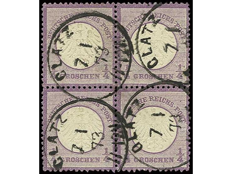 1/4 Gr. purpurviolett im farbfrischen 4er-Block (ein Wert kurzer Randriß) mit EKr. "GLATZ 7 1 73", sign. Hennies BPP (Mi. 750