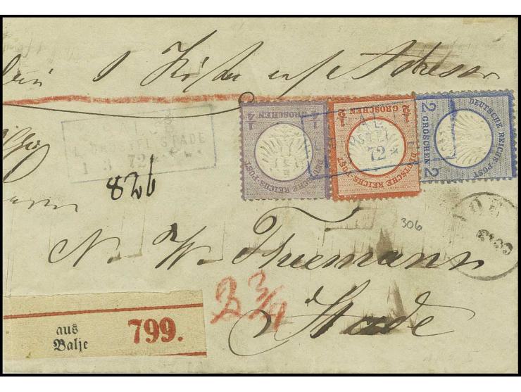 1/4 Gr. grauviolett, 1/2 Gr. ziegelrot (oben links etwas rund) und 2 Gr. ultramarin mit blauem Ra3 "BALJE/L. DROSTEI STADE/1.