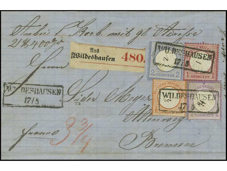 1/4 Gr. grauviolett, 2 Gr. ultramarin und 1/2 Gr. orange mit Großer Schild 1 Gr. karmin, teils fehlerhaft und bei jeder Marke