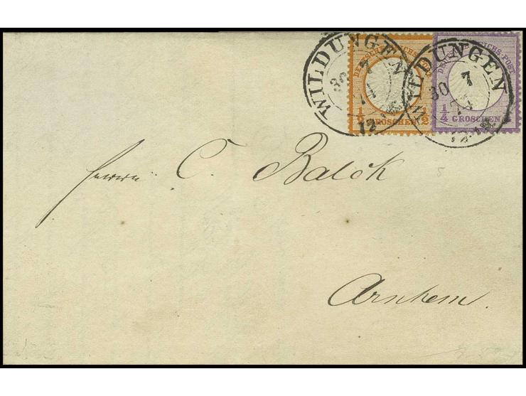 1/4 Gr. grauviolett und Großer Schild 1/2 Gr. orange mit klarem Preußen-DKr. "WILDUNGEN 30 7 74" auf Drucksachen-Faltbrief na