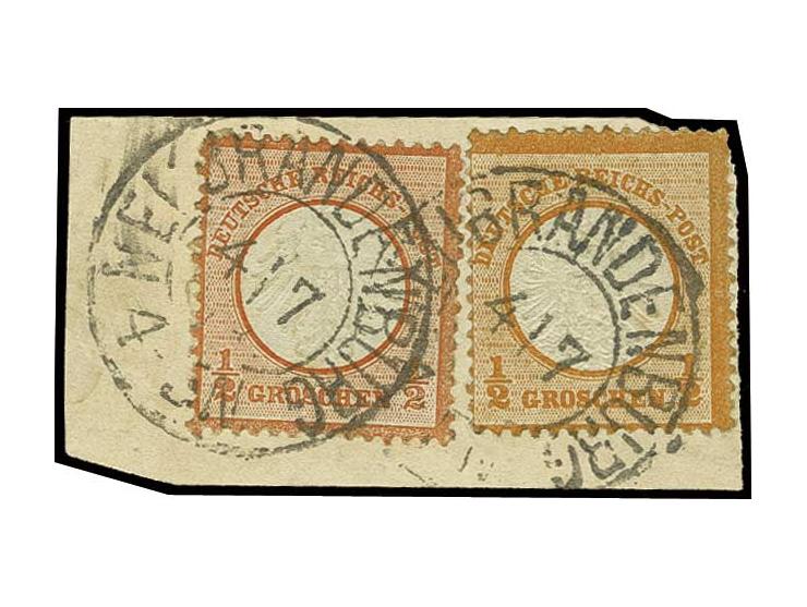 1/2 Gr. ziegelrot und Großer Schild 1/2 Gr. orange mit NDP-DKr. "NEUBRANDENBURG 4/7 73" auf Briefstück, seltene Mischfrankatu