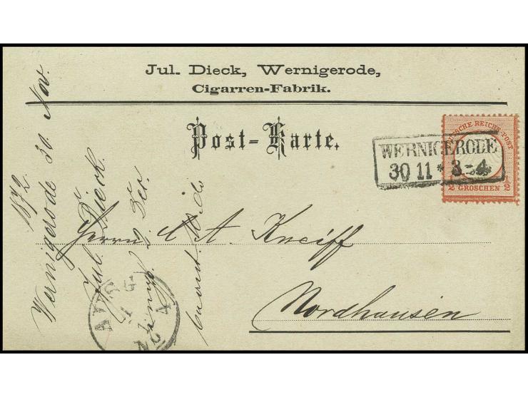 1/2 Gr. ziegelrot mit Preußen-Ra2 "WERNIGERODE/30 11" auf dekorativer Postkarte nach Nordhausen, Pracht
