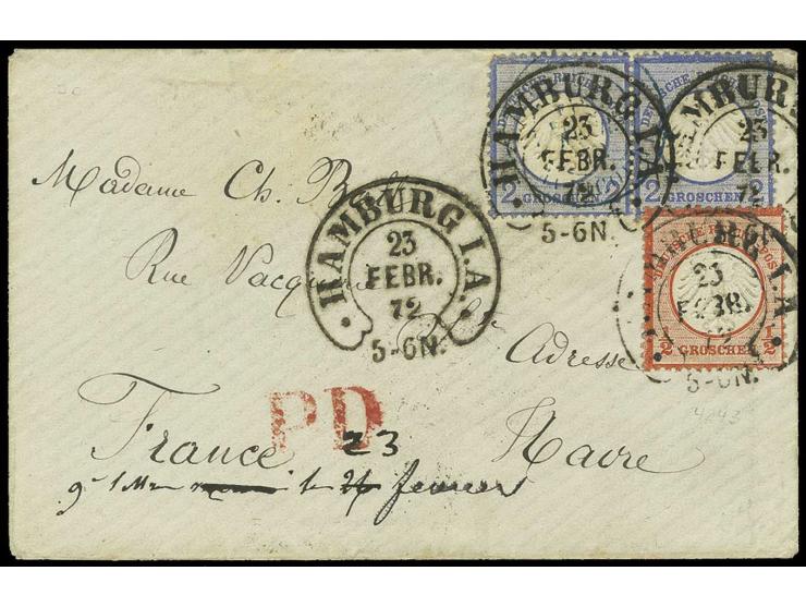 1/2 Gr. ziegelrot und 2 Gr. ultramarin im waagerechten Paar mit Hufeisenstempel "HAMBURG I.A. 23 FEBR. 72" (Spalink-Nr. 17-4)