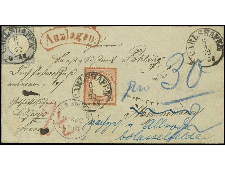 1/2 Gr. ziegelrot und 2 Gr. grauultramarin (oben Zähnung durch Randklebung bestoßen) mit aptiertem Thurn & Taxis-EKr. "CARLSH