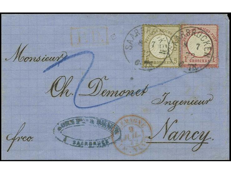 1 Gr. karmin und 5 Gr. ockerbraun mit klarem EKr. "SAARBRÜCKEN 8 7 72" auf Faltbrief der 2. Gewichtsstufe nach Nancy, 1 Gr. m