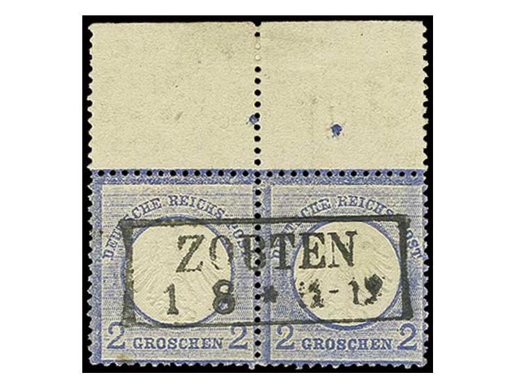 2 Gr. grauultramarin, waagerechtes Oberrandpaar mit Zähnungs- und Prägepunktur im Rand und gerade aufgesetztem Preußen-Ra2 "Z