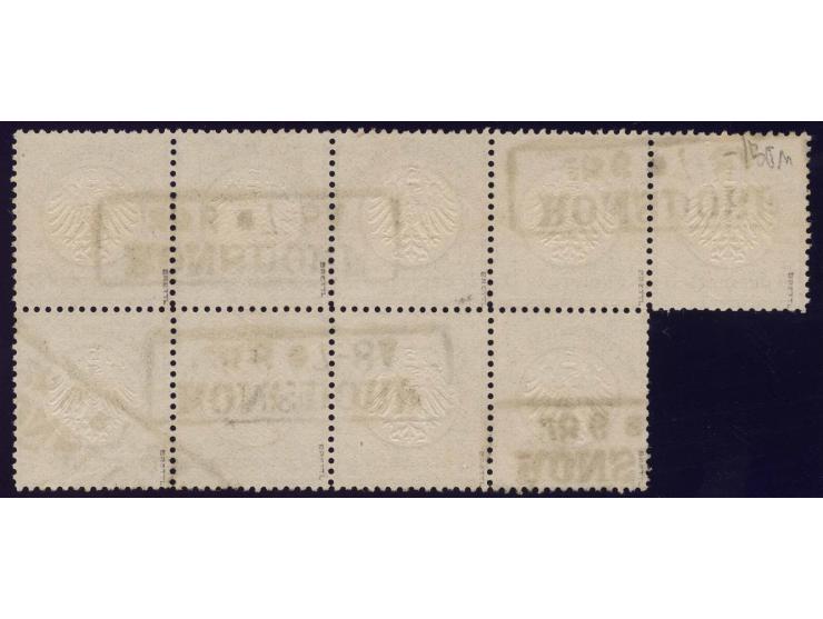 5 Gr. ockerbraun im waagerechten 9er-Block mit Preußen-Ra2 "RONSDORF/28 6", zwei Marken etwas fehlerhaft, die übrigen  in feh
