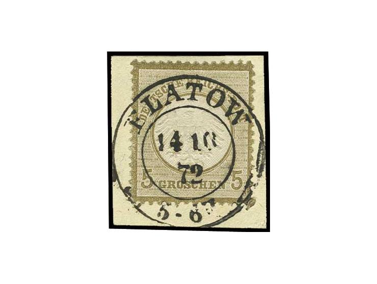 5 Gr. dunkelockerbraun, farbfrisch, gut geprägt und zentriert mit ideal abgeschlagenem DKr. "FLATOW 14 10 72" auf Briefstück,