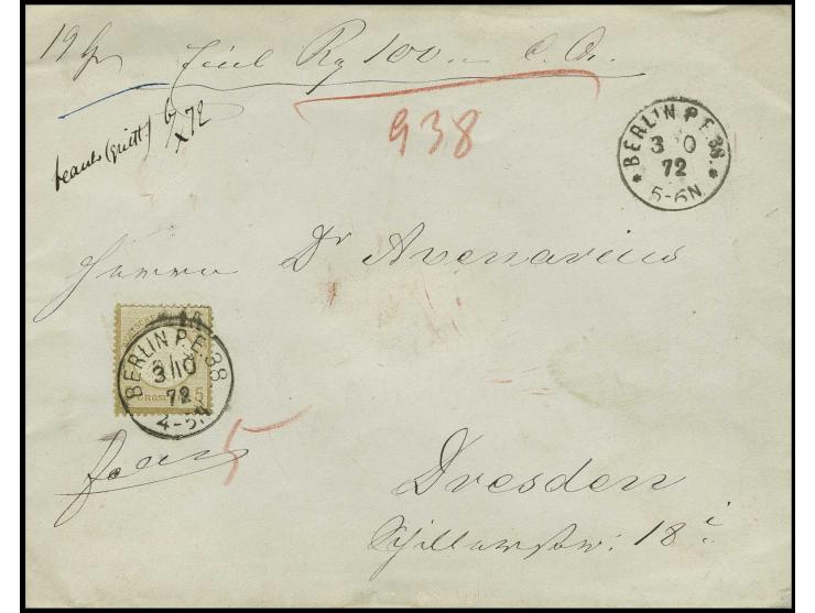 5 Gr. ockerbraun, oben etwas stumpfe Zähnung, als Einzelfrankatur mit EKr. "BERLIN P.E. 38/3/10 72" auf Wertbrief mit 5 voll 