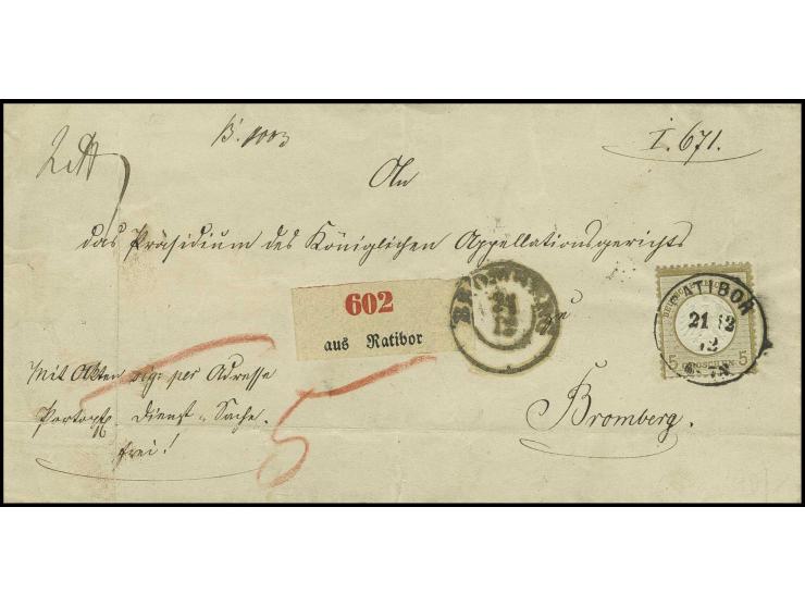 5 Gr. ockerbraun, sehr gut geprägt und farbfrisch als Einzelfrankatur mit EKr. "RATIBOR 21 12 72" auf Dienst-Paketbegleitbrie