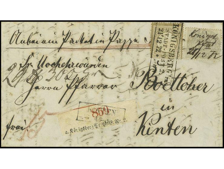 5 Gr. ockerbraun in Mischfrankatur mit 10 Gr. graubraun auf Paketbegleitbrief von "KÖNIGSBERG 21 12 72"  nach Kinten, gute un