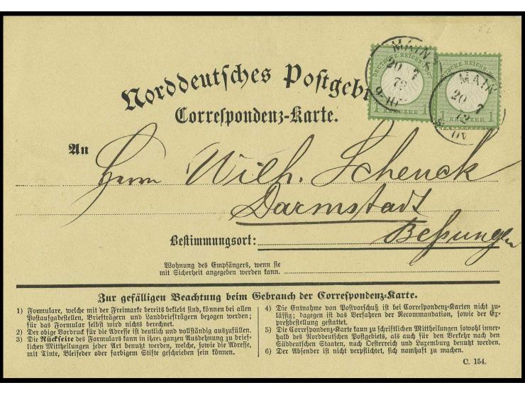 1 Kr. gelblichgrün (2) farbfrisch, sehr gut gezähnt und geprägt mit EKr. "MAINZ 20 7 72" auf NDP-Correspondenzkarte nach Darm