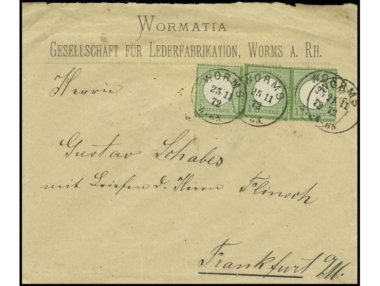 1 Kr. gelblichgrün, 3 Werte als Mehrfachfrankatur mit EKr. "WORMS 25 11 72" auf Firmenumschlag (Rückklappe fehlt) nach Frankf