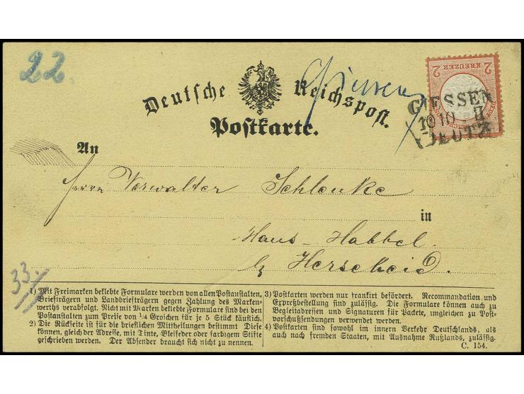 2 Kr. ziegelrot, farbfrisch und sehr gut geprägt mit Streckenstempel 'GIESSEN/DEUTZ' auf Karte mit handschriftlichem Aufgabev