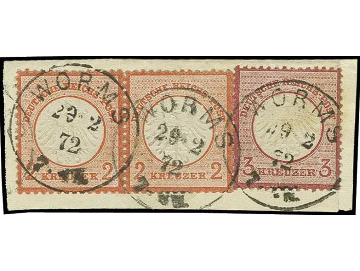 2 Kr. ziegelrot  im waagerechten Paar und 3 Kr. rötlichkarmin mit EKr. "WORMS 29 2 72" auf Briefstück, 3 Kr. leichte Tönung, 
