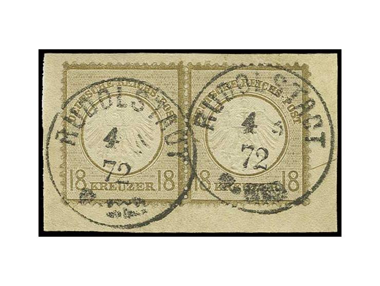 18 Kr. ockerbraun im waagerechten Paar, farbfrisch, sehr gut geprägt und gezähnt  mit jeweils klarem EKr. "RUDOLSTADT 4 3 72"