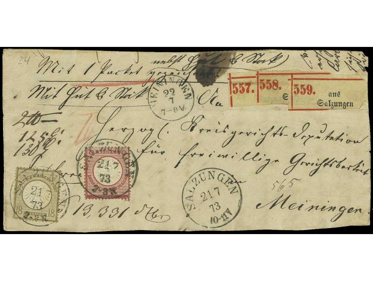 18 Kr. ockerbraun und Großer Schild 3 Kr. karmin mit EKr. "SALZUNGEN 21 7 73" auf großem Teil einer Paketbegleitbrief-Vorders