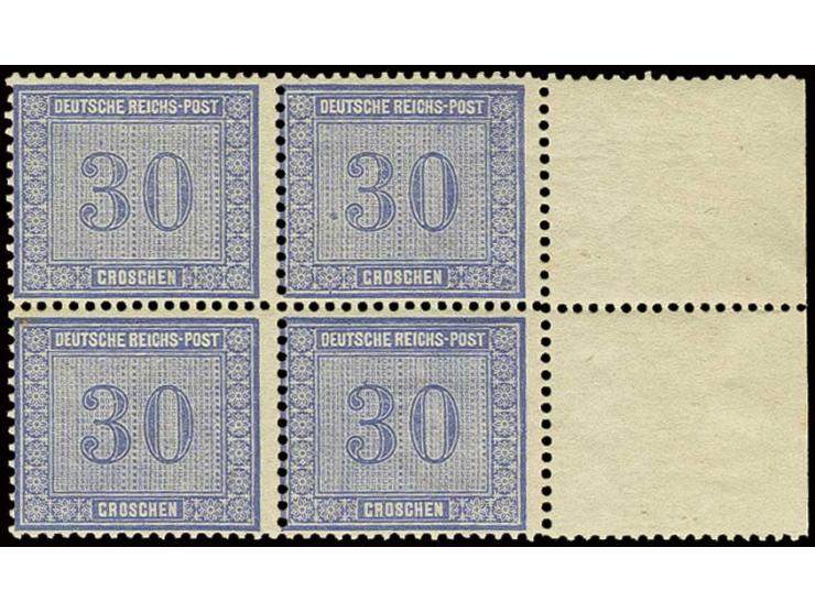 10 Gr. graubraun und 30 Gr. ultramarin jeweils im postfrischen 4er-Block, 30 Pfg. ein Wert herstellungsbedingte gummischwache