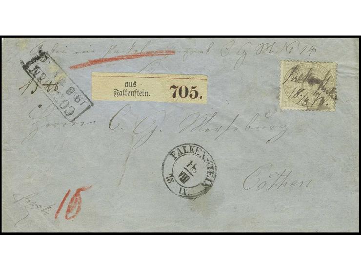 10 Gr. hellgrauockerbraun, links unten leicht eckrund, sonst gut gezähnt mit handschriftlicher Entwertung "Falkenstein 18.8.7