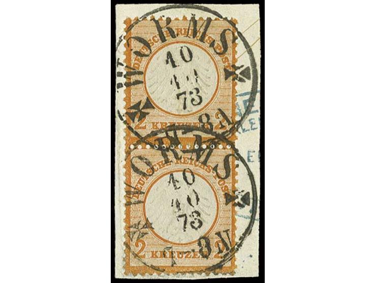 2 Kr. orange im senkrechten Paar mit aptiertem Thurn & Taxis-EKr. "WORMS 10 10 73" auf Briefstück, Pracht, sign. Georg Bühler