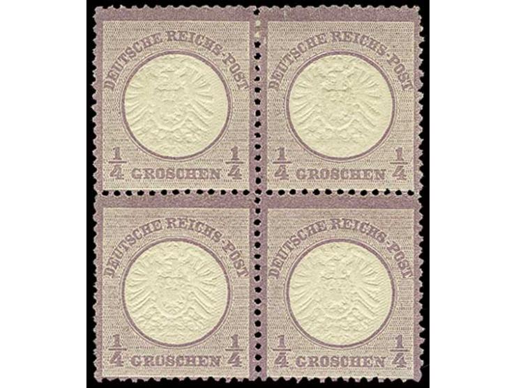 Großer Schild: 1/4 Gr. violett im 4er-Block, farbfrisch und gut gezähnt, die oberen Werte ungebraucht, die unteren postfrisch