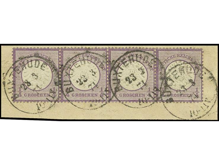 1/4 Gr. grauviolett im waagerechten 4er-Streifen mit klarem EKr. "BUXTEHUDE 28 3 74" auf Briefstück, Pracht, Fotoattest Henni