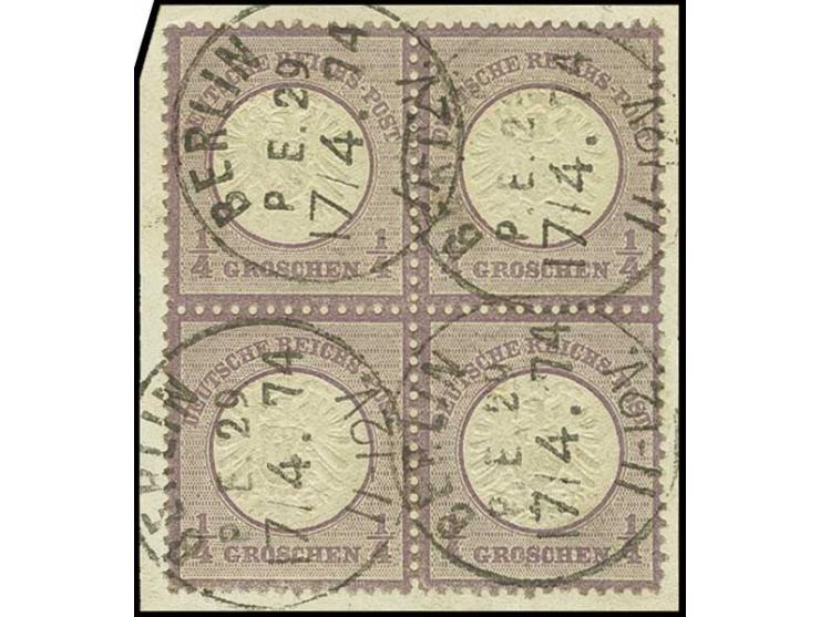 1/4 Gr. grauviolett im 4er-Block mit klarem EKr. "BERLIN P.E. 29/17/4.74" auf Briefstück, Pracht, sign. Hennies BPP mit Fotoa