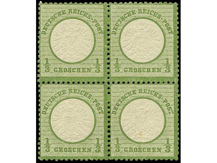 1/3 Gr. gelblichgrün im ungebrauchten 4er-Block mit Zähnungs-Besonderheit "ausgefallenes Zähnungsloch zwischen den Marken in 