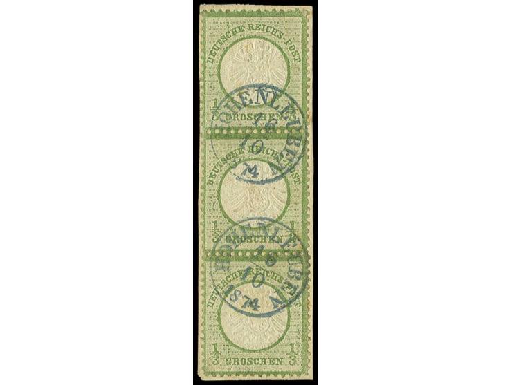 1/3 Gr. gelblichgrün im senkrechten 3er-Streifen mit zwei blauen Thurn & Taxis-Fingerhutstempeln "HOHENLEUBEN 16/10 1874" auf