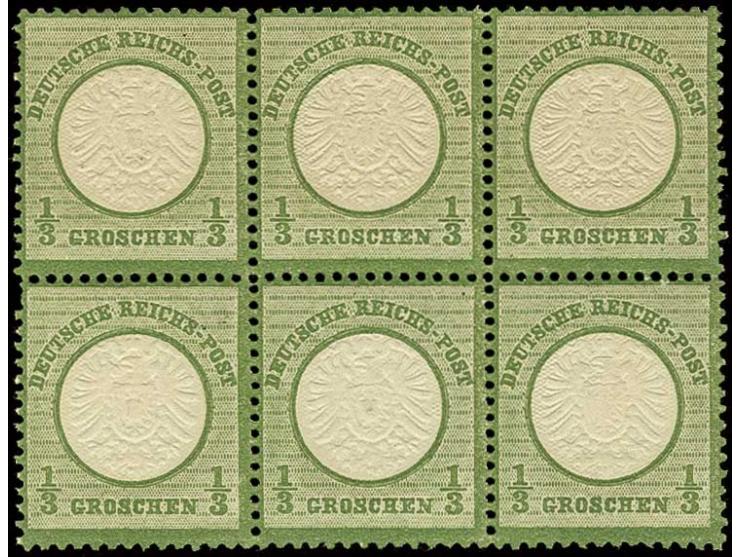 1/3 Gr. dunkelgrün in tiefer Nuance und hervorragend geprägt im waagerechten 6er-Block, postfrisch, obere Marken leichte Gumm
