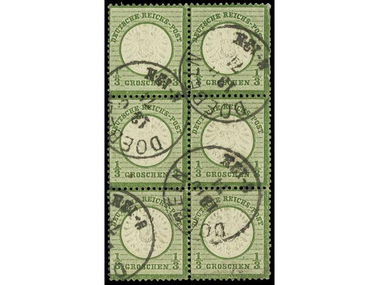 1/3 Gr. dunkelgrün, farbfrisch im senkrechten 6er-Block mit klarem EKr. "DOEBELN 13 10 74", drei Marken kleine Einschränkunge