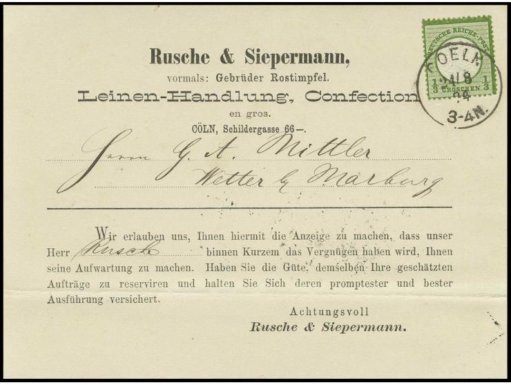 1/3 Gr. olivgrün auf dekorativer Vertreterkarte (unten  waagerechter Bug) mit EKr. "COELN 24/8 74" nach Marburg, Pracht, Foto