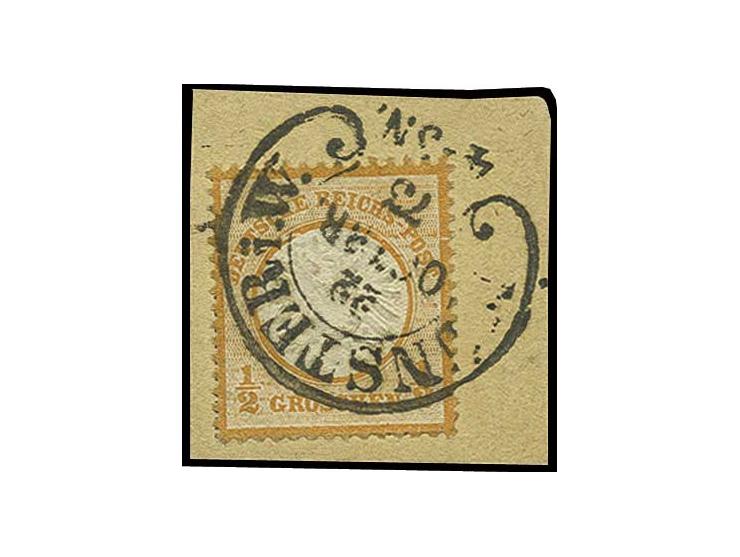 ½ Gr. orange mit Plattenfehler "Kreisbruch unter CH in Deutsche und verdickte 4 Strichleiste rechts", mit Hufeisenstempel "MÜ