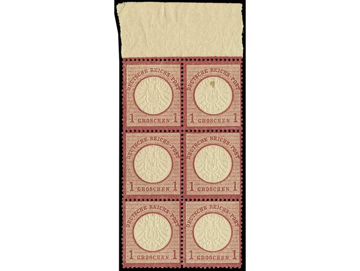 1 Gr. karmin im postfrischen senkrechten Oberrand-6er-Block, dabei auf Feld 1 der Plattenfehler XLI und auf den Feldern 11 un
