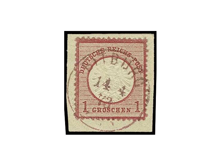 1 Gr. karmin mit rotem EKr. "BITBURG 14 4 73" auf Briefstück, sehr seltene Entwertung und im Register der roten Stempel unter