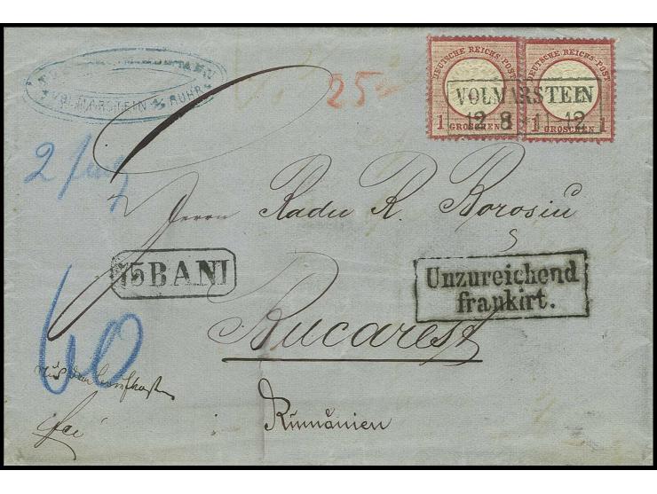 1 Gr. karmin (2) mit Preußen-Ra. "VOLMARSTEIN/12 8" auf unterfrankiertem Faltbrief der 2. Gewichtsstufe nach Bukarest (Rumäni