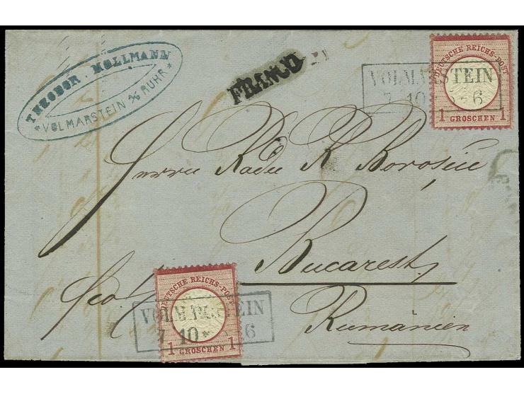 1 Gr. karmin (2) mit Preußen-Ra2 "VOLMARSTEIN/7 10" auf Faltbrief nach Bukarest (Rumänien) mit schwarzem L1 "FRANCO", das Por