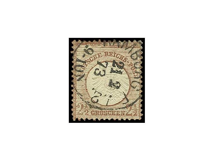 2 1/2 Gr. lilabraun in typischer Nuance mit ca. 1,5 mm nach rechts oben versetzter Prägung, sauber gestempelt "HAMBURG P.V.2/