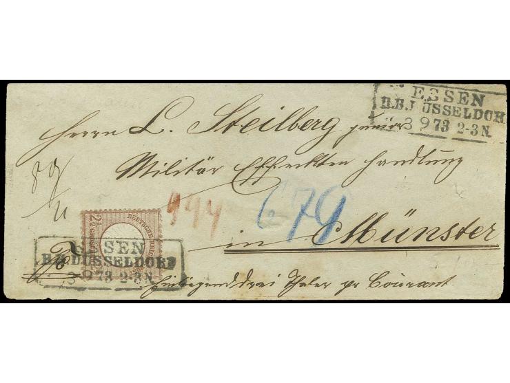 2 1/2 Gr. lilabraun als Einzelfrankatur mit Ra3 "ESSEN/R.B. DÜSSELDORF/3 9 73" auf Wertbrief (rückseitig nicht ganz kpl.) nac