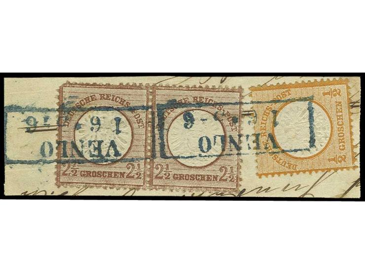2 1/2 Gr. rotbraun im waagerechten Paar (linke Marken oben kleiner Eckfehler) und 1/2 Gr. orange mit zwei klaren und vollstän
