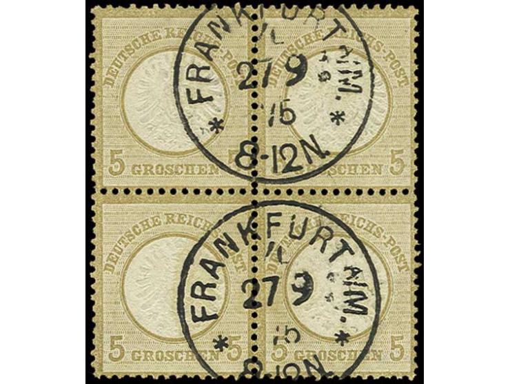 5 Gr. hellockerbraun im 4er-Block mit 2mal klarem EKr. "FRANKFURT A/M. 4/27 9 75", späte Aufbrauchsverwendung der 5 Gr. als 5