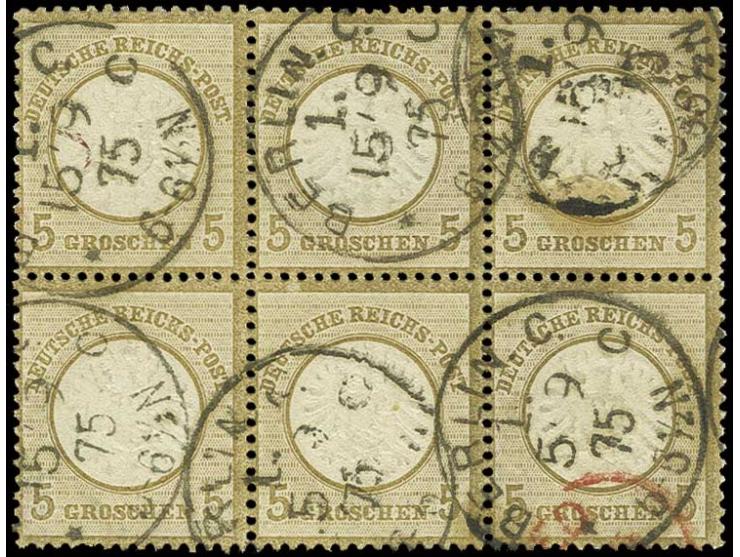 5 Gr. ockerbraun im waagerechten 6er-Block mit klarem EKr. "BERLIN. C.1./15/9 75", späte Aufbrauchsverwendung der 5 Gr. als 5