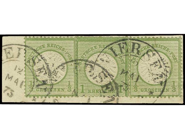 1 Kr. gelblichgrün, umrahmt von zwei Werten 1/3 Gr. gelblichgrün, entwertet mit Hufeisenstempel "VIERSEN 12 MAI 73" auf klein