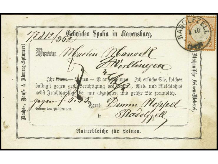 2 Kr. orange, farbfrisch, sehr gut geprägt und üblich gezähnt, gestempelt "RADOLFZELL 1/10" (ohne eingesetzte Jahreszahl) auf