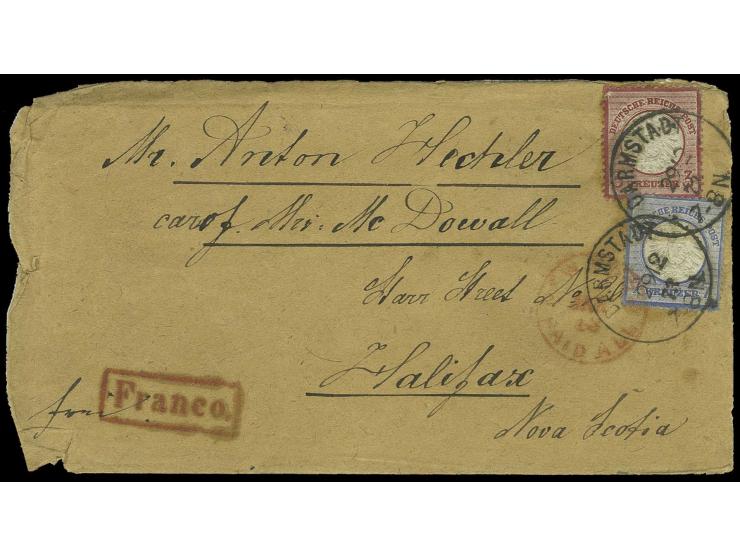 3 Kr. karmin (kleiner Eckfehler) und 7 Kr. ultramarin mit aptiertem F(ranco)-EKr. "DARMSTADT 29/12 73" via Großbritannien mit