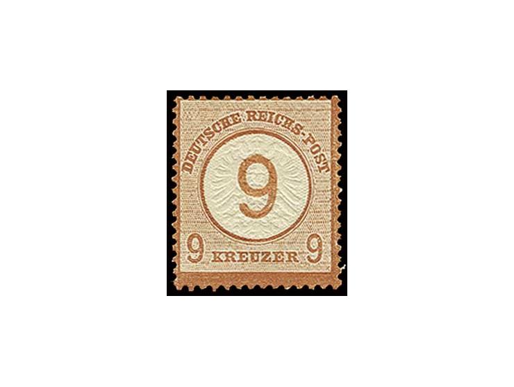 1874, 2 1/2 auf 2 1/2 Gr. braunorange mit vollem Unterrand mit Anlagepunkt (zwischen Marke und Rand gefaltet) und 9 auf 9 Kr.